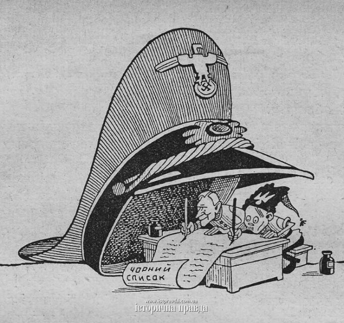 Карикатура з військовою шапкою та історичними фігурами всередині.