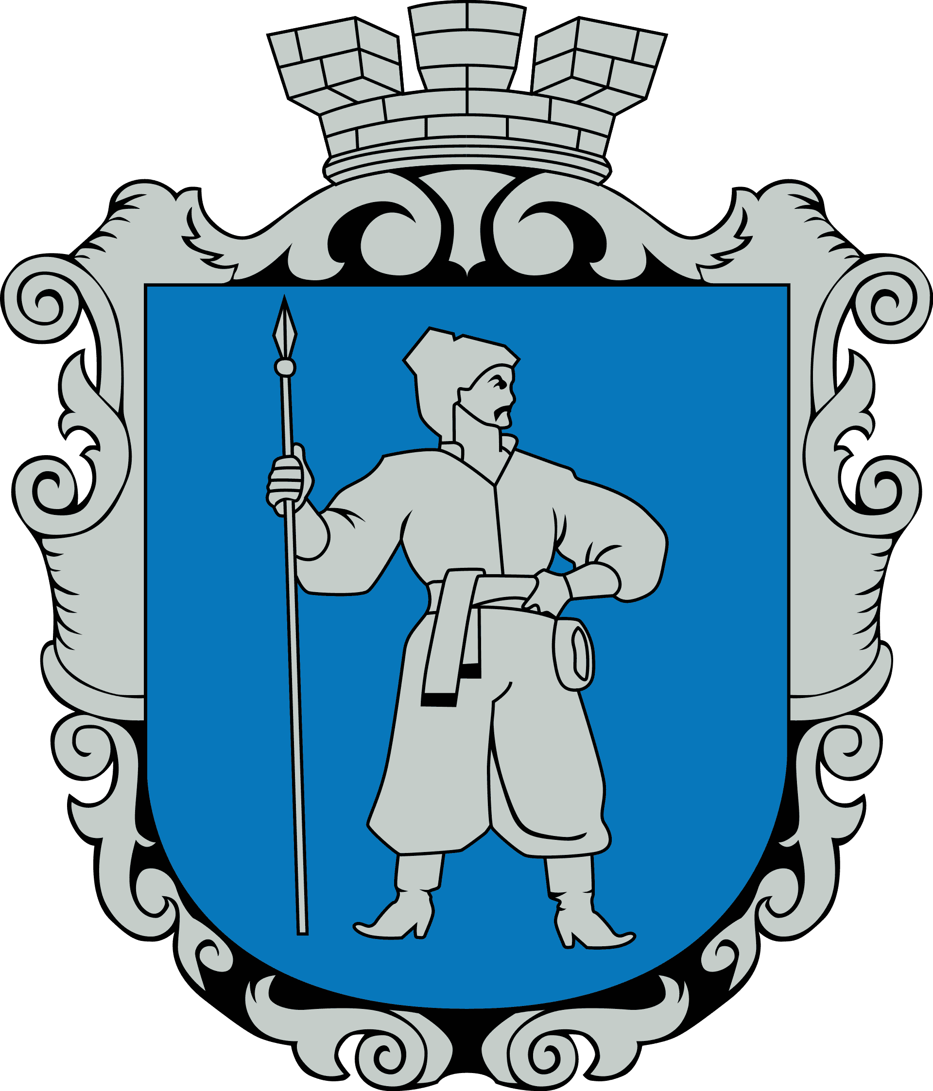 Герб Умані з історичним воїном на синьому щиті.