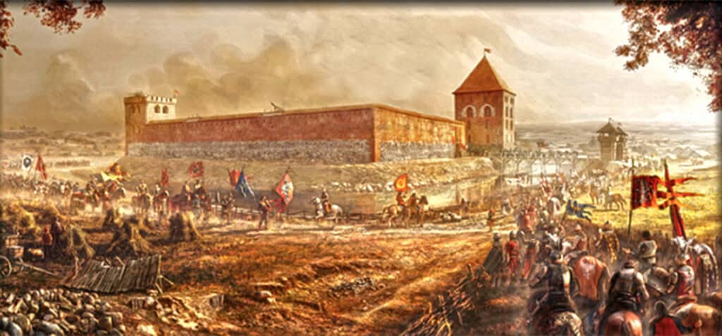 Місто з фортецею та військовими діями, історична сцена.