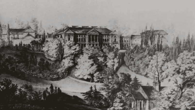 Історична фотографія палацу у Маліївцях з природним ландшафтом і деревами.