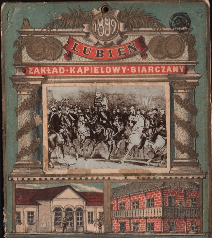 Історична фотографія та зображення будівель санаторію 1899 року в Лубенах.