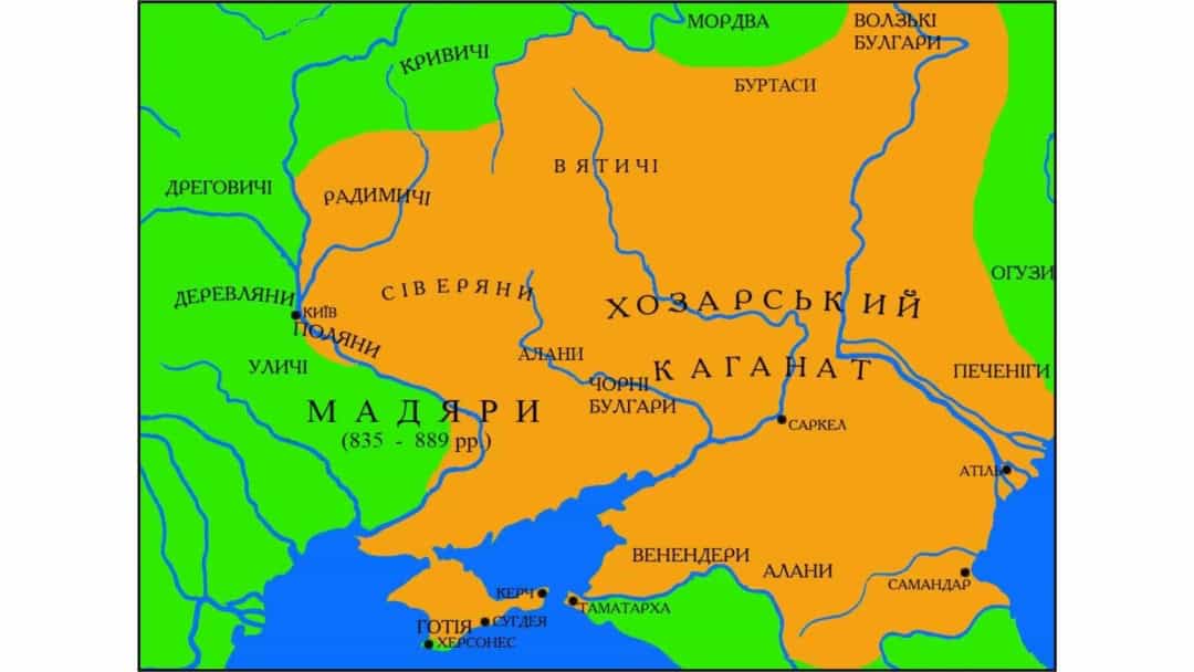 Карта Хозарського каганату з назвами міст і територій українською мовою.