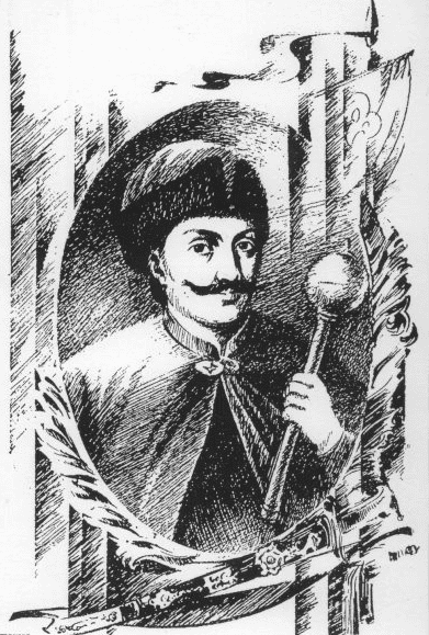 Ілюстрація гетьмана Богдана Хмельницького з мечем і булавою, історична тема.