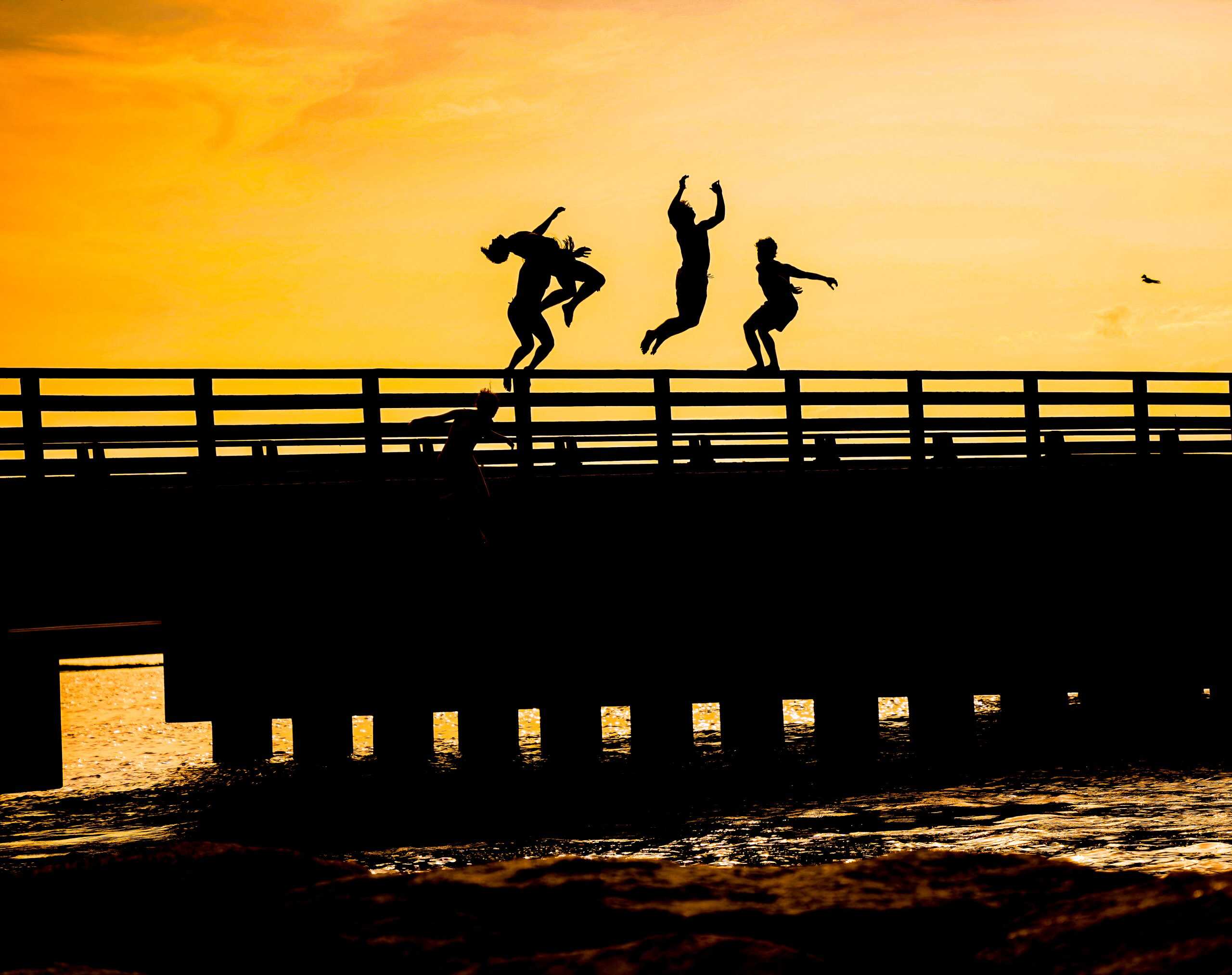 Children jumping off a bridge on Martha's Vineyard, Massachusetts. Photographed By Rainer DeLalio.