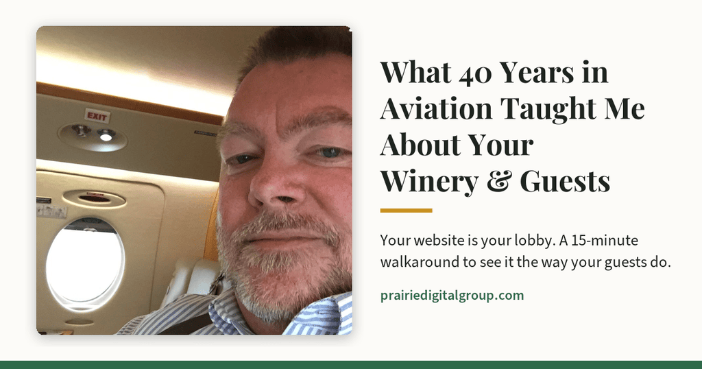 Tom Wyman, founder of Prairie Digital Group, seated in the cabin of a corporate jet beside an oval window and an exit sign.