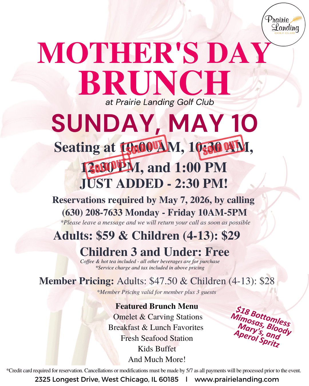Promotional flyer for Mother's Day Brunch at Prairie Landing Golf Club on May 10. It lists seating times, pricing, menu items, and contact information. Some seating times are marked 'SOLD OUT', and a new 2:30 PM time is added.