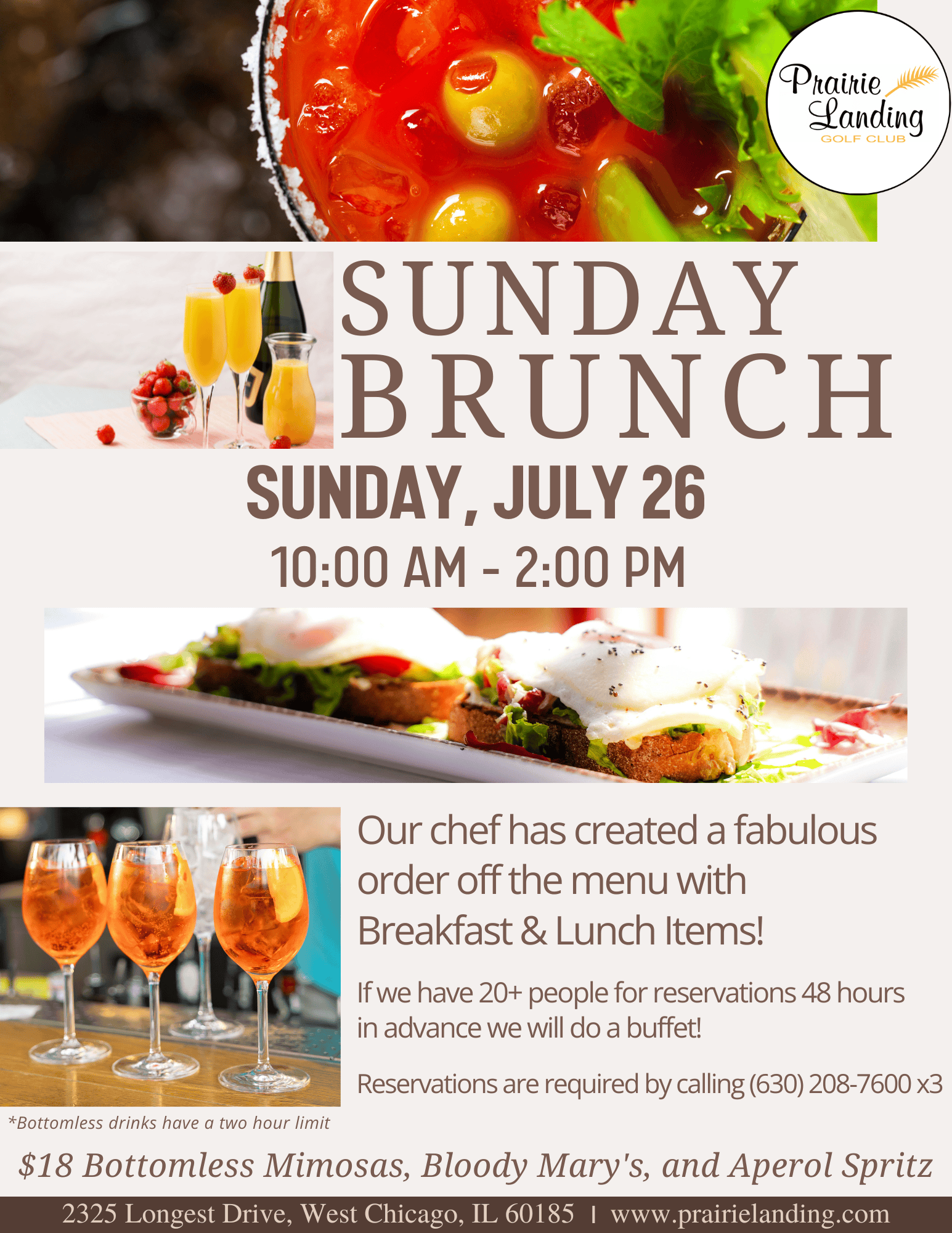 Promotional flyer for Sunday Brunch at Prairie Landing Golf Club on July 26, featuring images of a Bloody Mary, mimosas, open-faced sandwiches with eggs, and Aperol Spritz cocktails. Details on menu, reservations, and bottomless drinks are included.