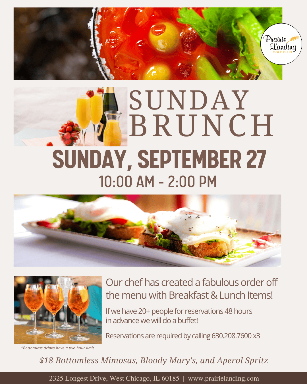 Promotional flyer for Sunday Brunch at Prairie Landing Golf Club on September 27th, featuring images of Bloody Marys, mimosas, Aperol Spritz, and brunch food. Details include menu, reservation info, and bottomless drink options.
