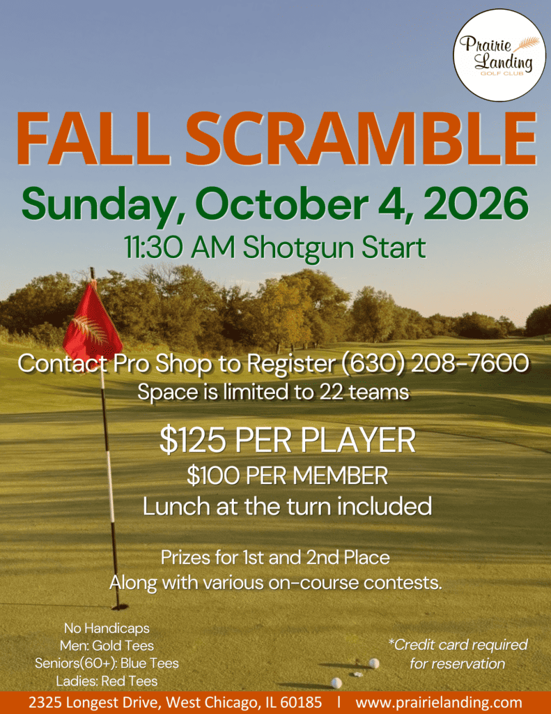 Promotional flyer for Prairie Landing Golf Club's Fall Scramble event on October 4, 2026, with details on registration, pricing, and event features, set against a golf course background.