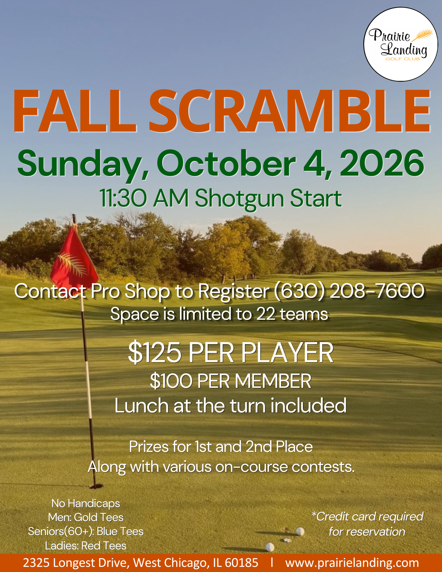 Promotional flyer for Prairie Landing Golf Club's Fall Scramble event on October 4, 2026, with details on registration, pricing, and event features, set against a golf course background.