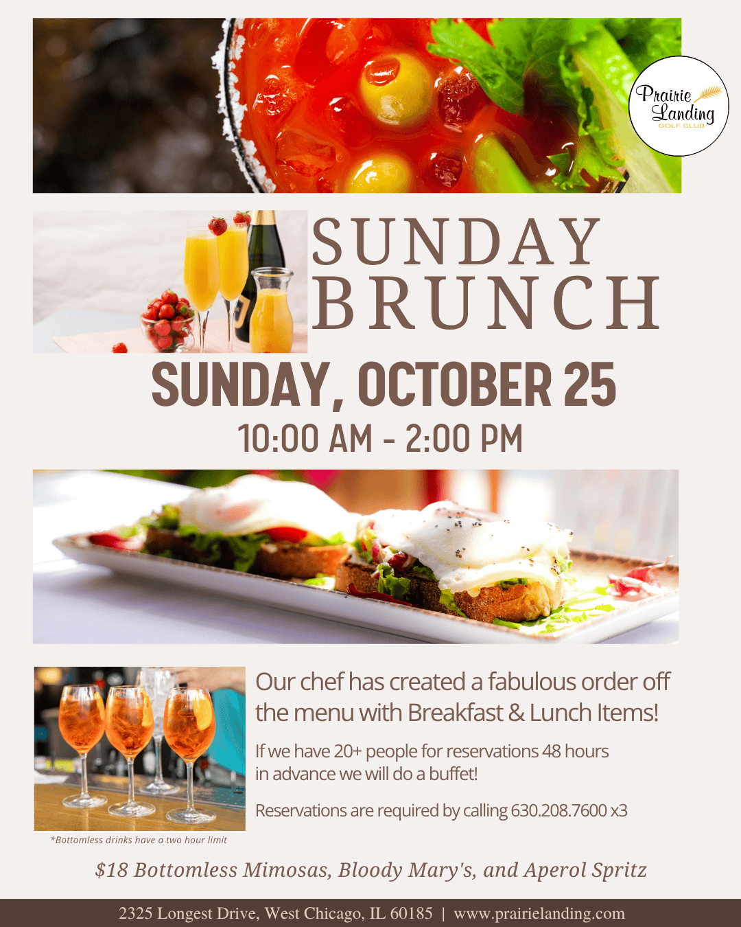 Promotional flyer for Sunday Brunch at Prairie Landing Golf Club on October 25th, featuring images of Bloody Marys, mimosas, gourmet toast with eggs, and Aperol Spritz. Details include bottomless drinks and reservation information.