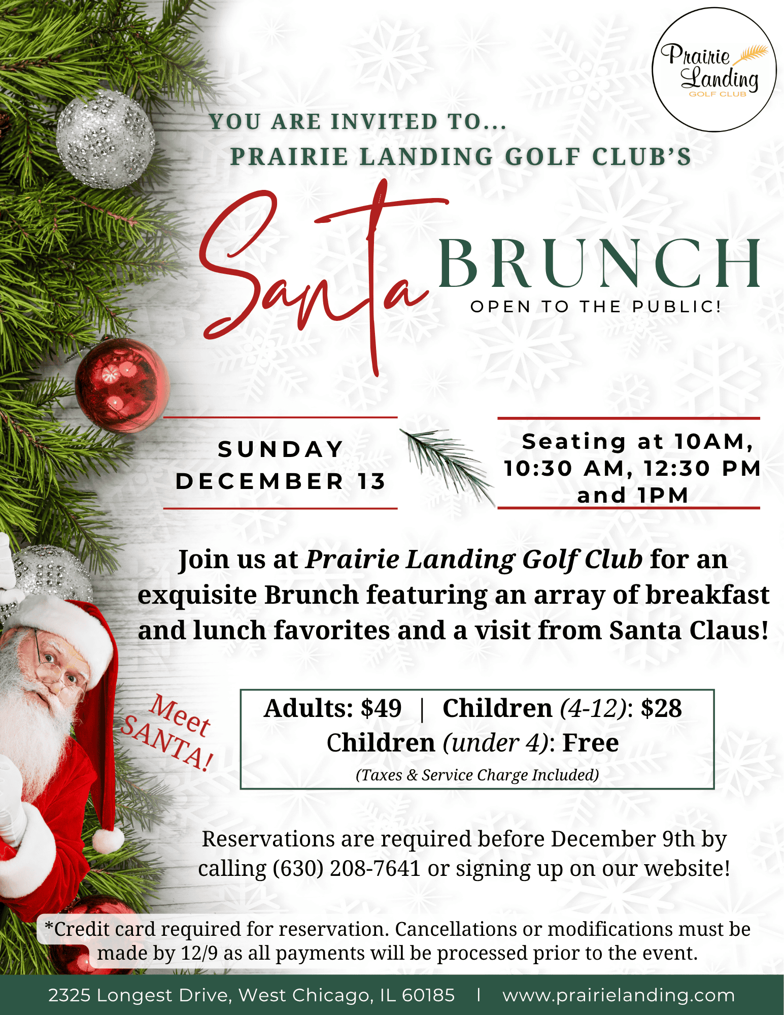 A holiday invitation poster for a Santa Brunch at Prairie Landing Golf Club. The poster features pine branches, Christmas ornaments, Santa Claus, and event details including date, times, pricing, and reservation information.