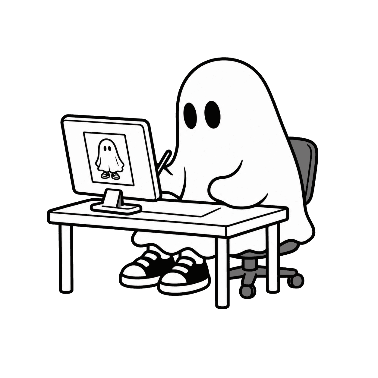 Ghostboy checking artwork at a computer.