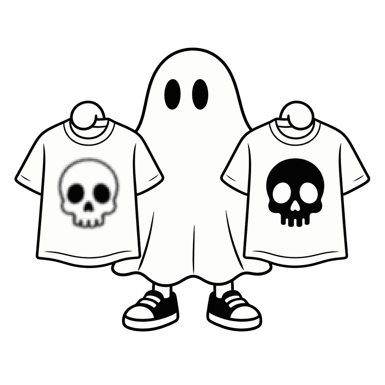 Ghostboy holding a blurry skull shirt and a crisp skull shirt.