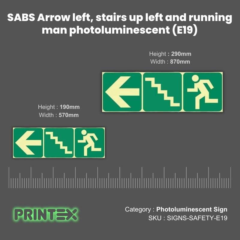 SABS Arrow left, stairs up left and running man photoluminescent (E19)