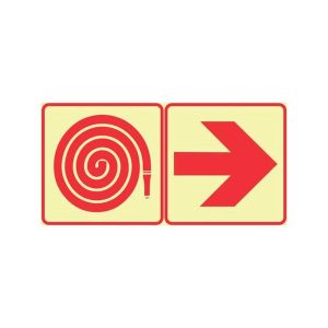 SABS Fire Hose Reel and Red Arrow Right photoluminescent (glow in the dark) safety sign (F20)
