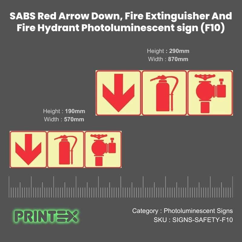 SABS Red Arrow Down, Fire Extinguisher And Fire Hydrant Photoluminescent sign (F10)