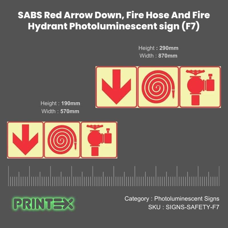 SABS Red Arrow Down, Fire Hose And Fire Hydrant Photoluminescent sign (F7)