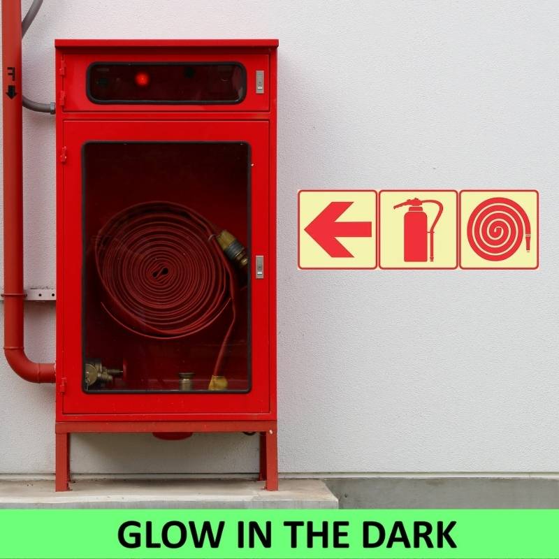 SABS Red Arrow Left, Fire Extinguisher, Fire Hose Reel Photoluminescent (glow in the dark) safety sign (F5)