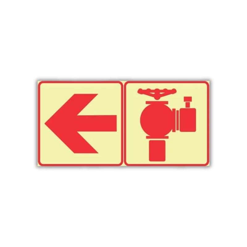 SABS Red Arrow Left and Fire Hydrant Photoluminescent (glow in the dark) safety sign (F18)