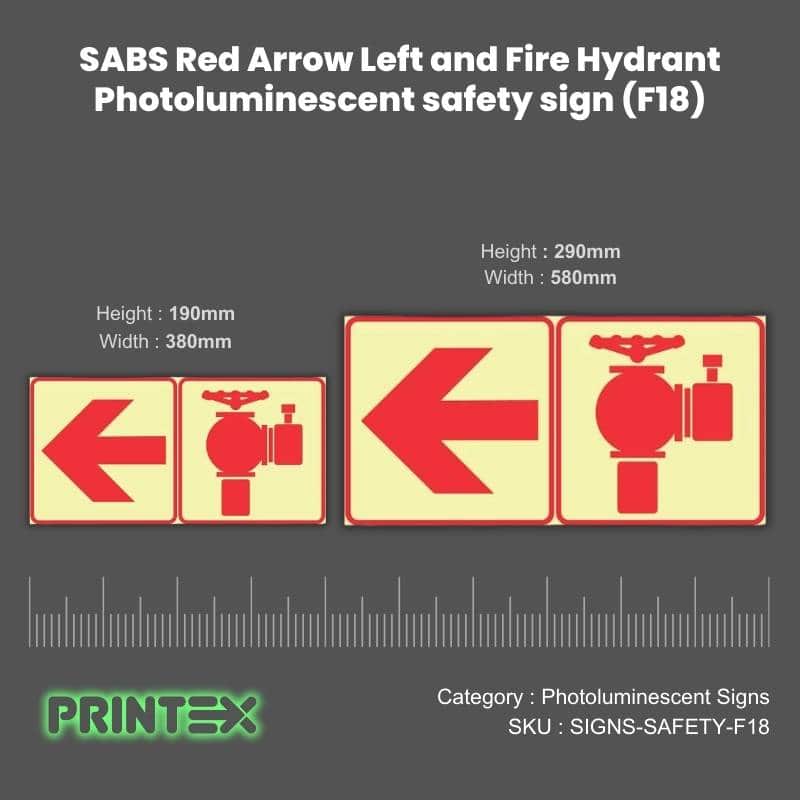 SABS Red Arrow Left and Fire Hydrant Photoluminescent safety sign (F18)