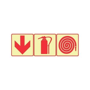 SABS Red Arrow down, Fire Extinguisher And Fire Hose Reel photoluminescent (glow in the dark) safety sign (F4)
