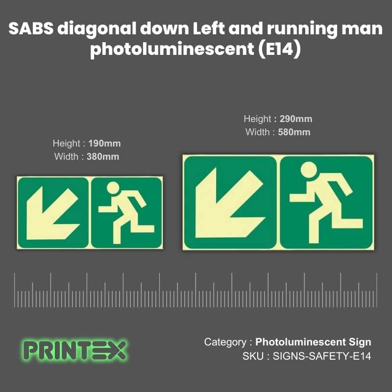 SABS diagonal down Left and running man photoluminescent (E14)