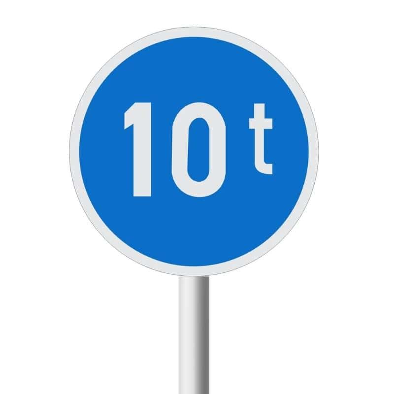 Vehicles Exceeding Mass Only road sign (R102)