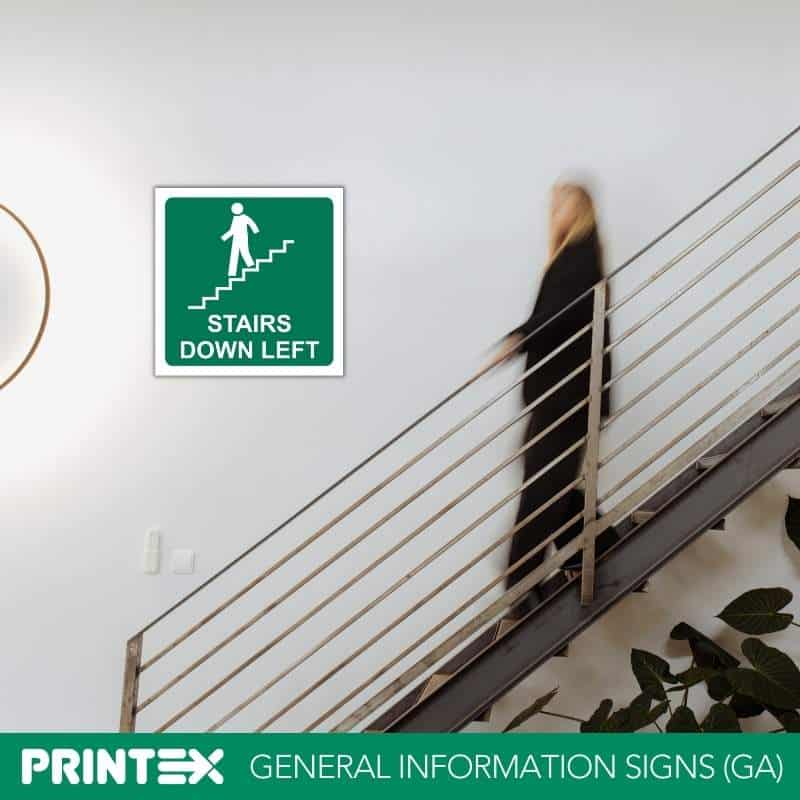 Stairs Going Down (Left) With Words Safety Sign (GA17A)