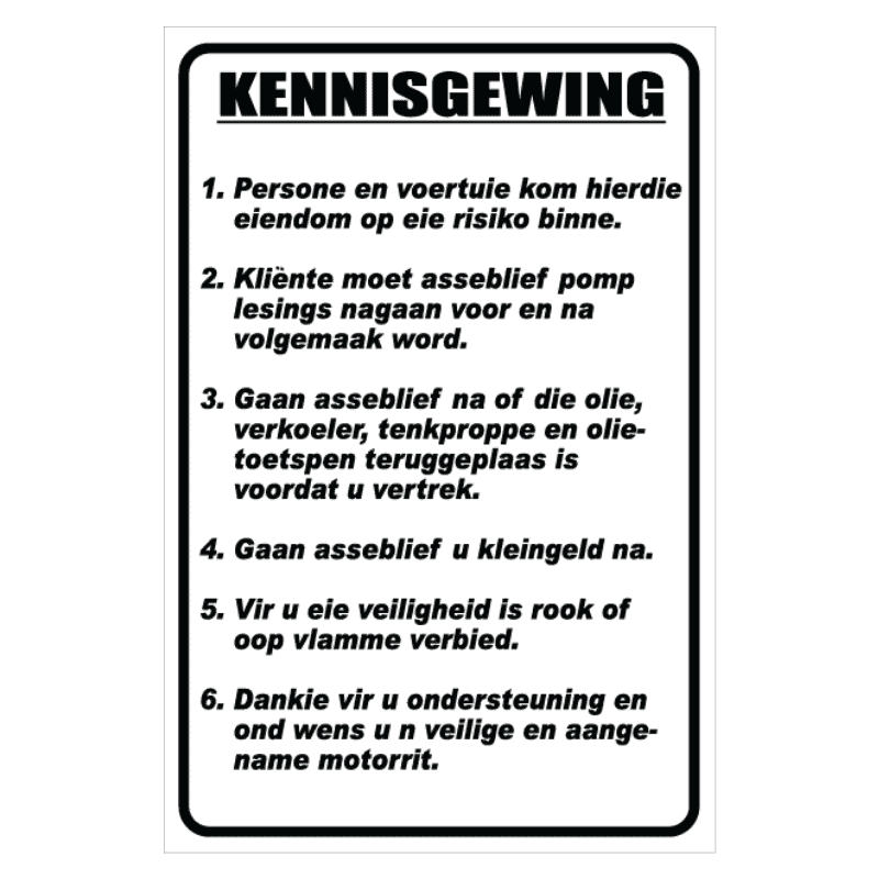 Notice Garage Afrikaans Sign