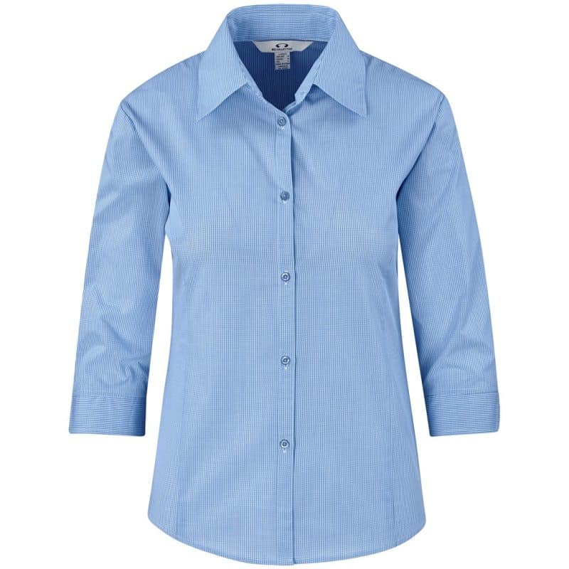 Light Blue Ladies 3/4 Sleeve Micro Check Shirt - Light Blue