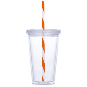 Malibu Double-Wall Plastic Tumbler & Straw - 470ml - Orange