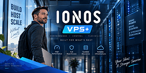 IONOS VPS+ review header featuring a server administrator in a data center with VPS hosting performance, root access, scalability, and reliability highlights.