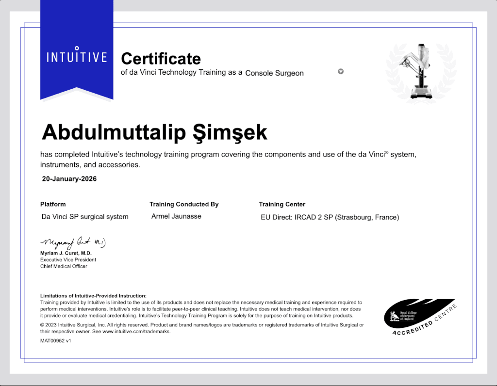 Prof. Dr. Abdulmuttalip Şimşek — Intuitive robotik cerrahi sertifikası