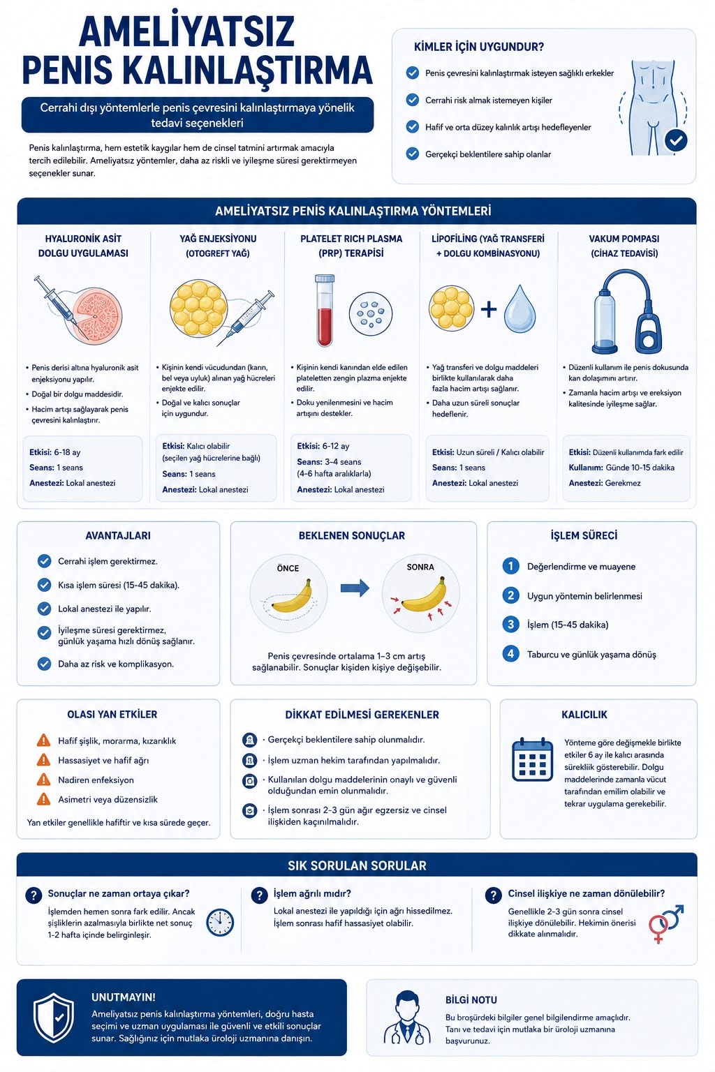 Ameliyatsız penis kalınlaştırma yöntemleri: hyaluronik asit dolgu, yağ enjeksiyonu, PRP ve lipofiling infografiği