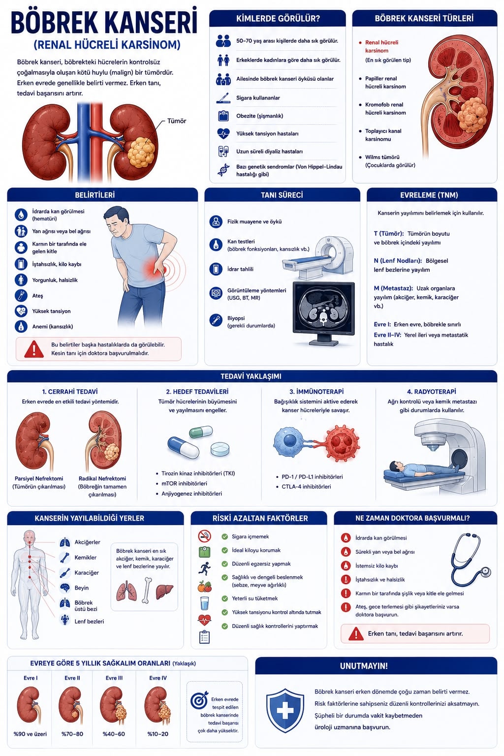 Böbrek kanseri (renal hücreli karsinom) türleri, belirtileri, evreleme ve tedavi yaklaşımı infografiği