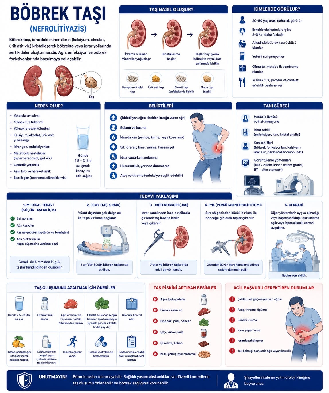 Böbrek taşı (nefrolitiyazis) nasıl oluşur, belirtileri ve ESWL, URS, PNL tedavi yöntemleri infografiği