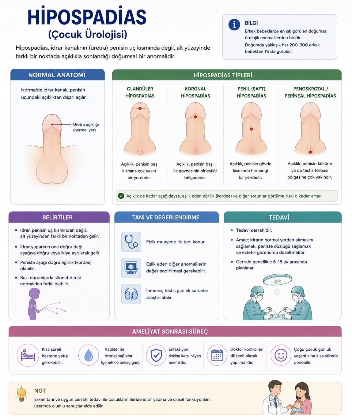 Hipospadias tipleri, belirtileri ve cerrahi tedavi süreci infografiği (çocuk ürolojisi)