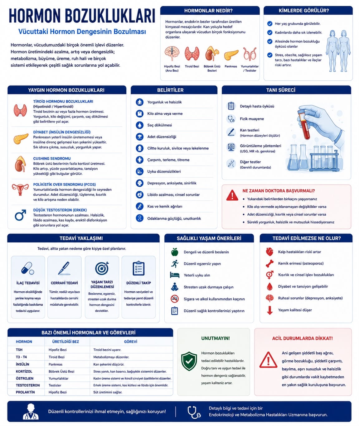 Hormon bozuklukları: yaygın hastalıklar, belirtiler, tanı süreci ve tedavi yaklaşımı infografiği