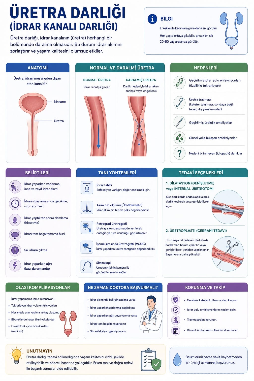 Üretra darlığı (idrar kanalı darlığı) nedenleri, belirtileri, tanı yöntemleri ve üretroplasti tedavisi infografiği