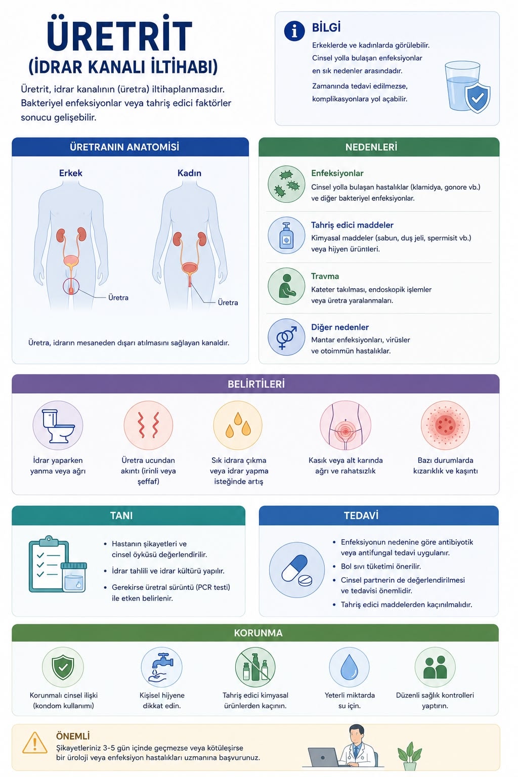 Üretrit (idrar kanalı iltihabı) nedenleri, belirtileri, tanı ve tedavi yöntemleri infografiği
