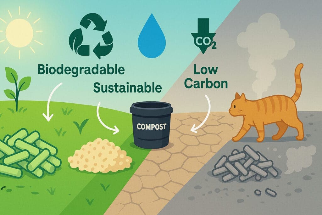 Biodegradable, sustainable, low carbon cat litter production process infographic.