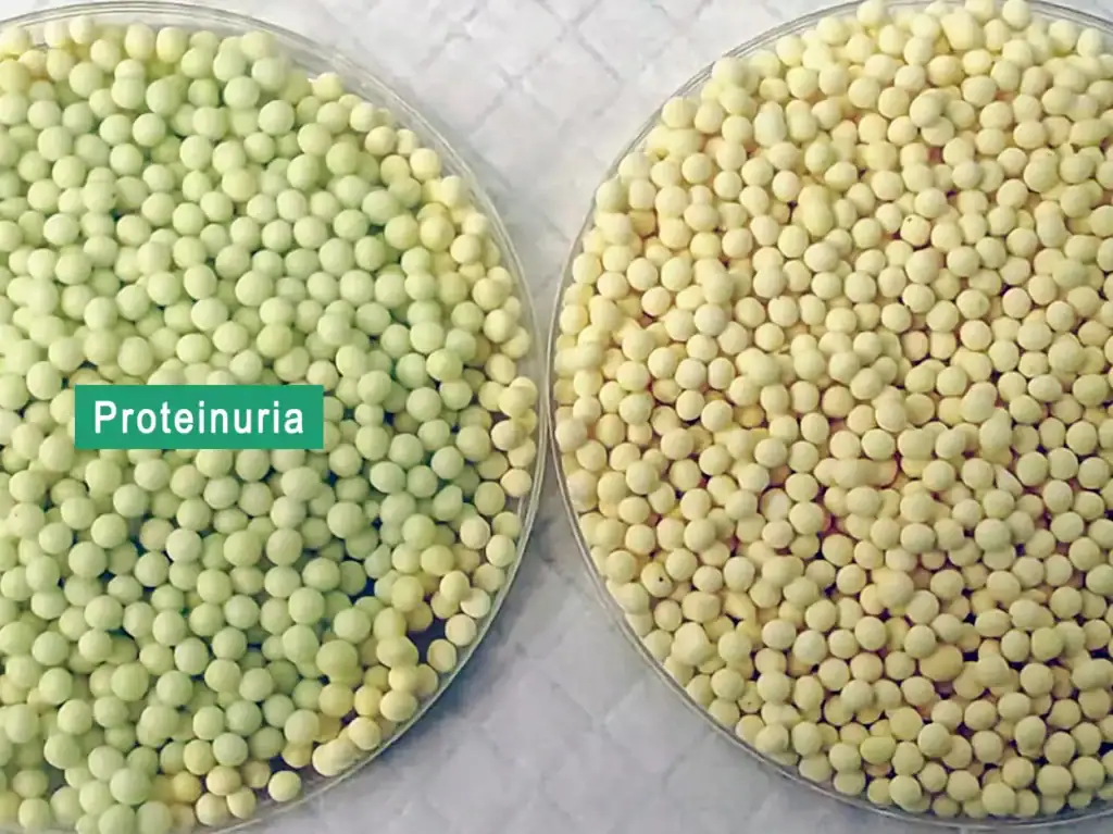 A close-up of private label proteinuria detector cat litter, showing the advanced health monitoring particles that change color to detect early signs of renal issues in cats.