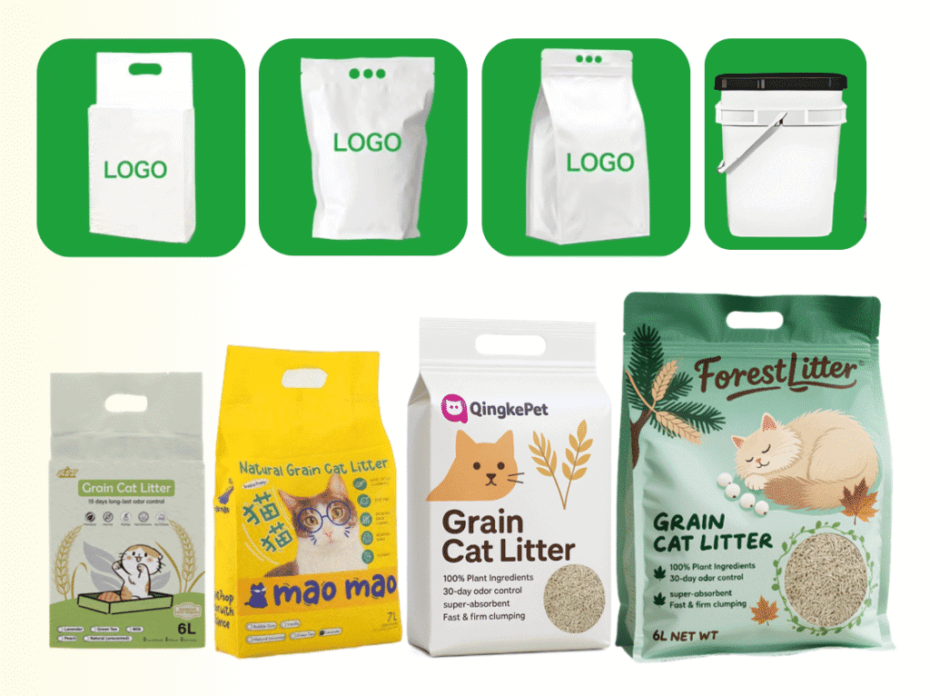 Pet litter storage bags and premium cat litter product packaging for eco-friendly, odor control, ultra-absorbent cat litter.