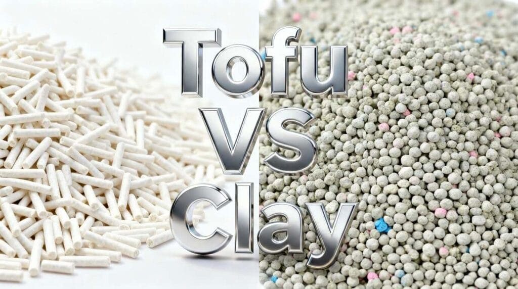 Split image comparing the texture and cleanliness of tofu cat litter vs clay for 2025 pet market trends.