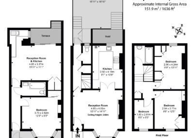 A spacious multi-storey property floor plan with garden, terrace, and multiple bedrooms.