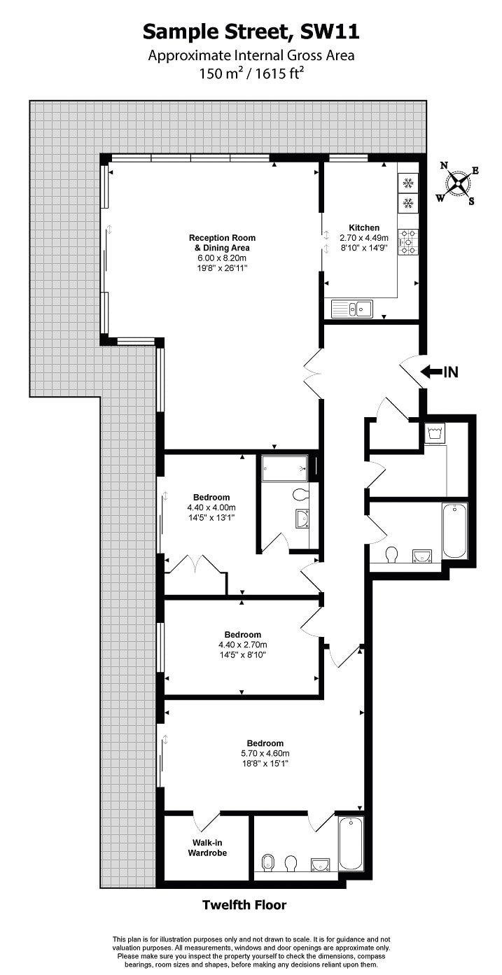Floor plan of a three-bedroom apartment with reception, kitchen, and bathrooms.