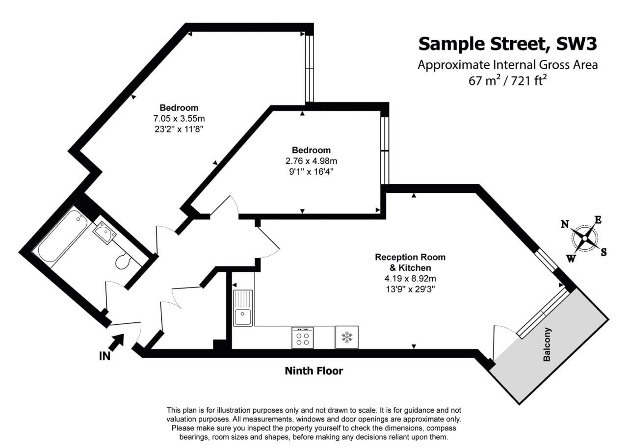 Bedroom and reception area layout with balcony in a modern apartment floor plan.