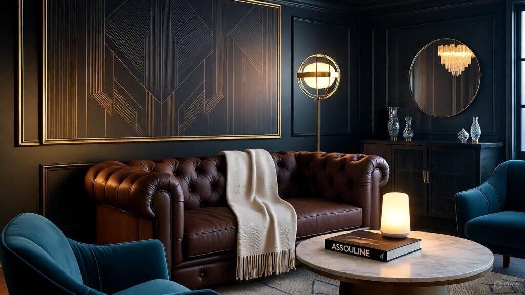 Elegant living room with dark decor