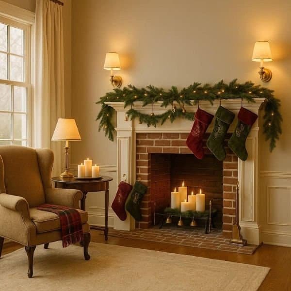 Cozy fireplace with festive stockings